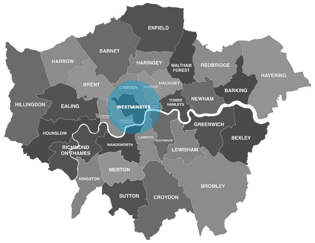 City of Westminster highlighted on a map of London Boroughs