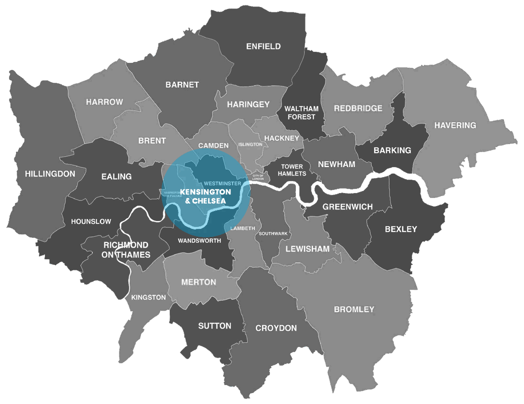 Kensington & Chelsea on te map of London boroughs