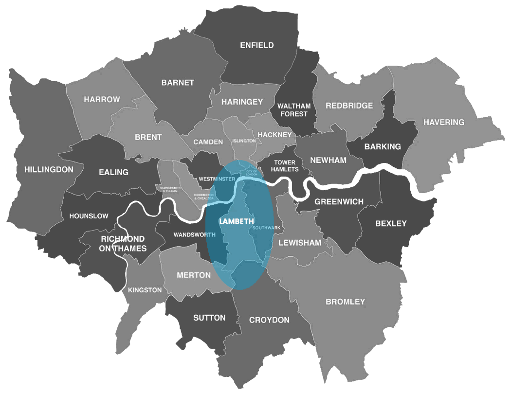London Borough of Lambeth in SW London on a map showing all London Boroughts